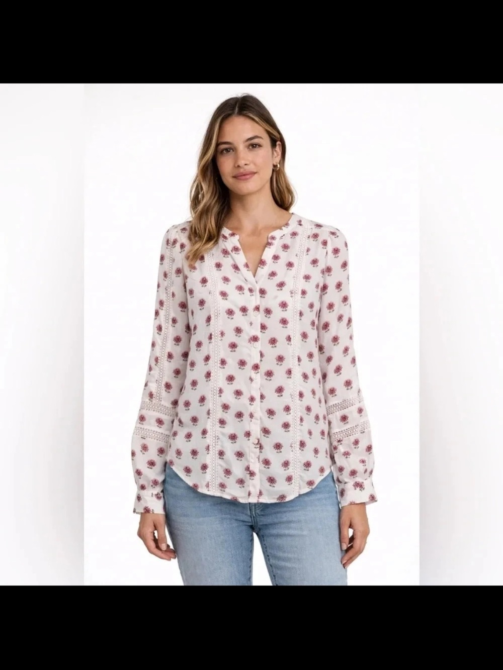 LOFT Floral button down blouse white burgundy floral print XS